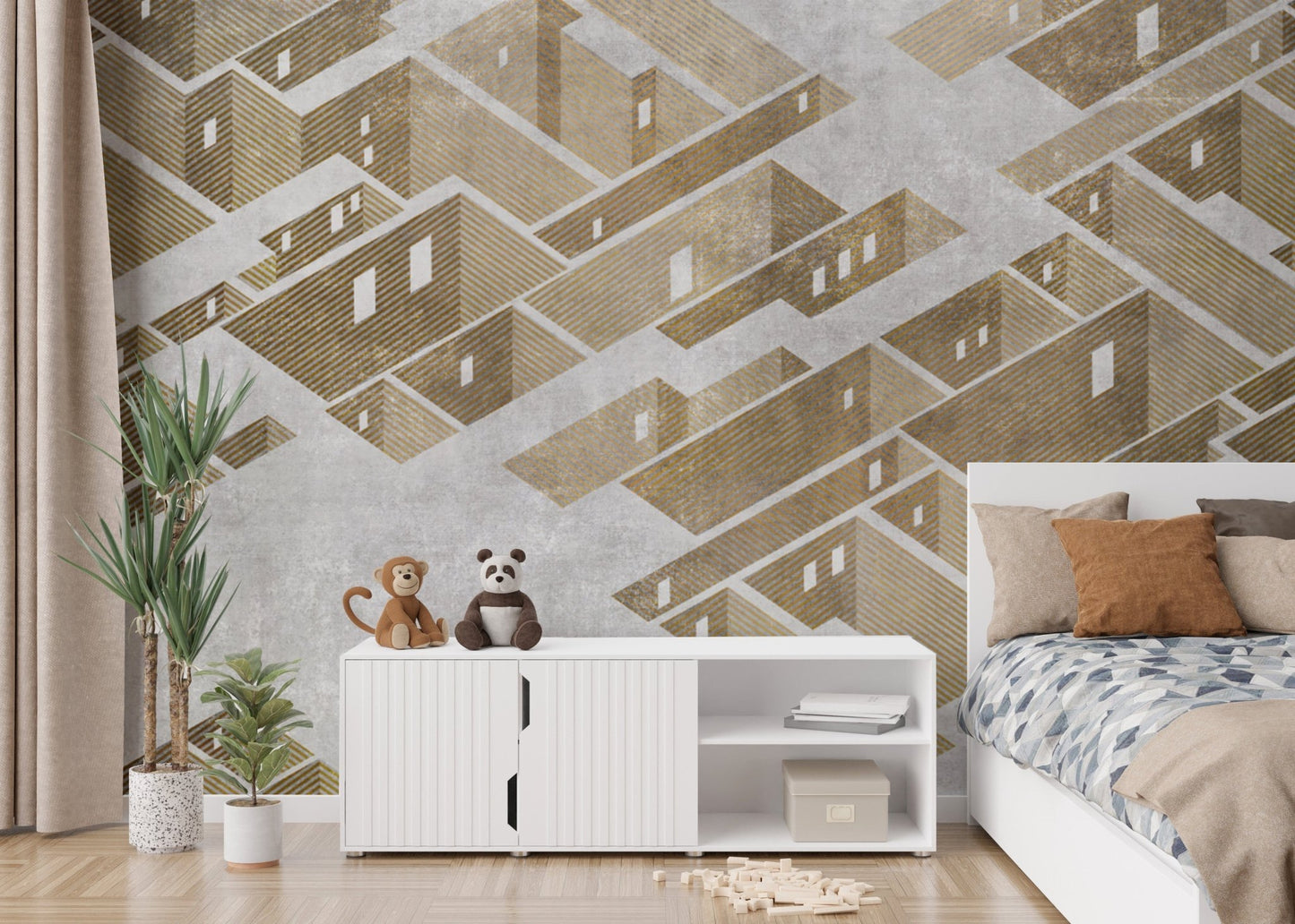 Axonometric cityscape mural showcasing dynamic urban geometry. B662
