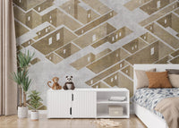 Axonometric cityscape mural showcasing dynamic urban geometry. B662
