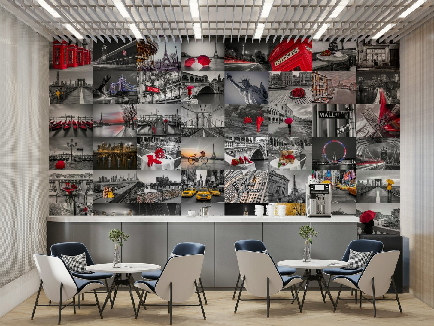 Black and white city wall mural with pops of red

