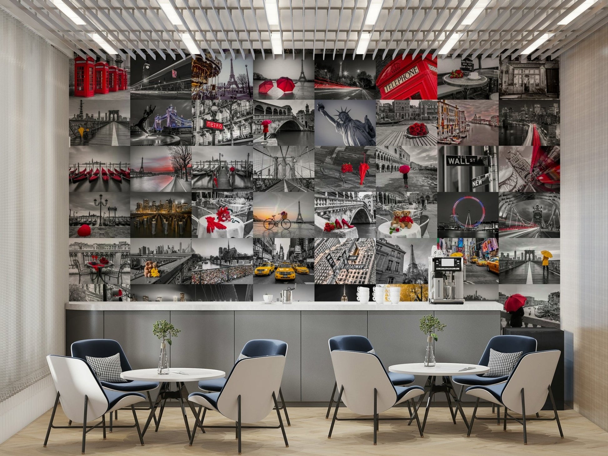 Black and white city wall mural with pops of red

