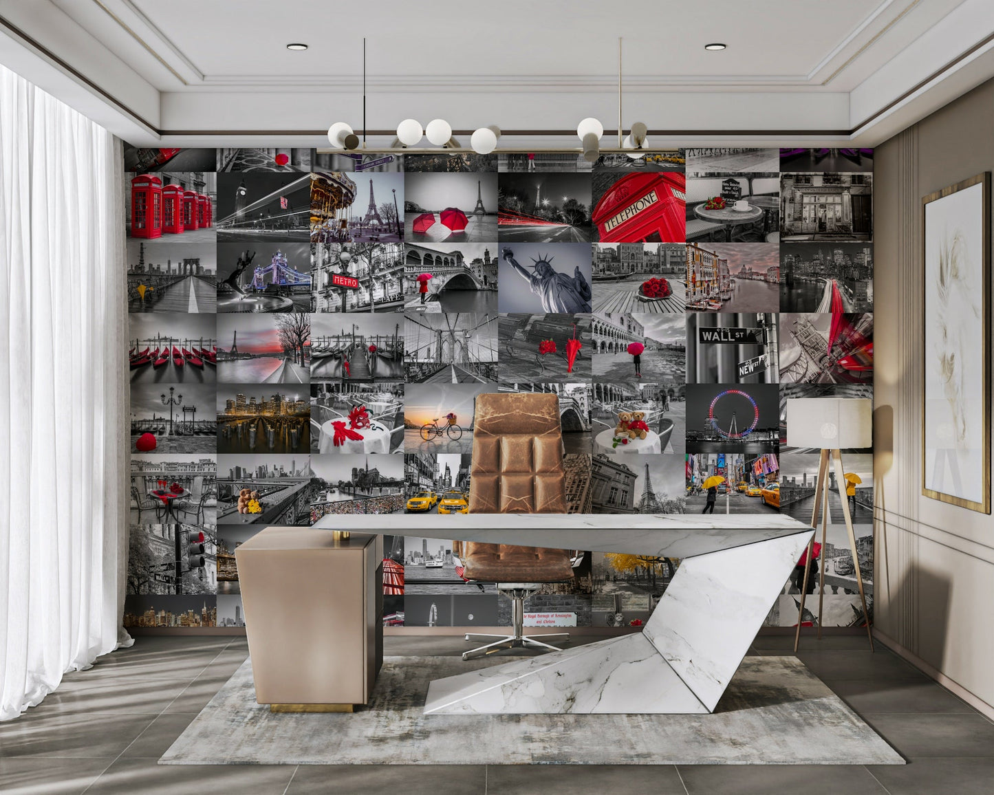 Selective color photography in city-themed wall design

