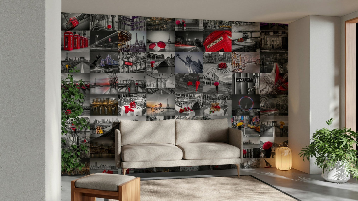 Urban landmarks collage wallpaper featuring Paris and NYC

