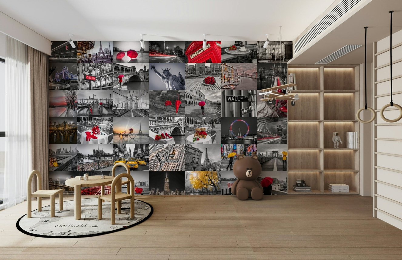 Collage of cityscapes with red accents in mural wallpaper


