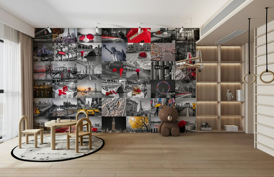 Collage of cityscapes with red accents in mural wallpaper, GD2306