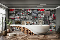 High-contrast urban scenes in collage mural wallpaper

