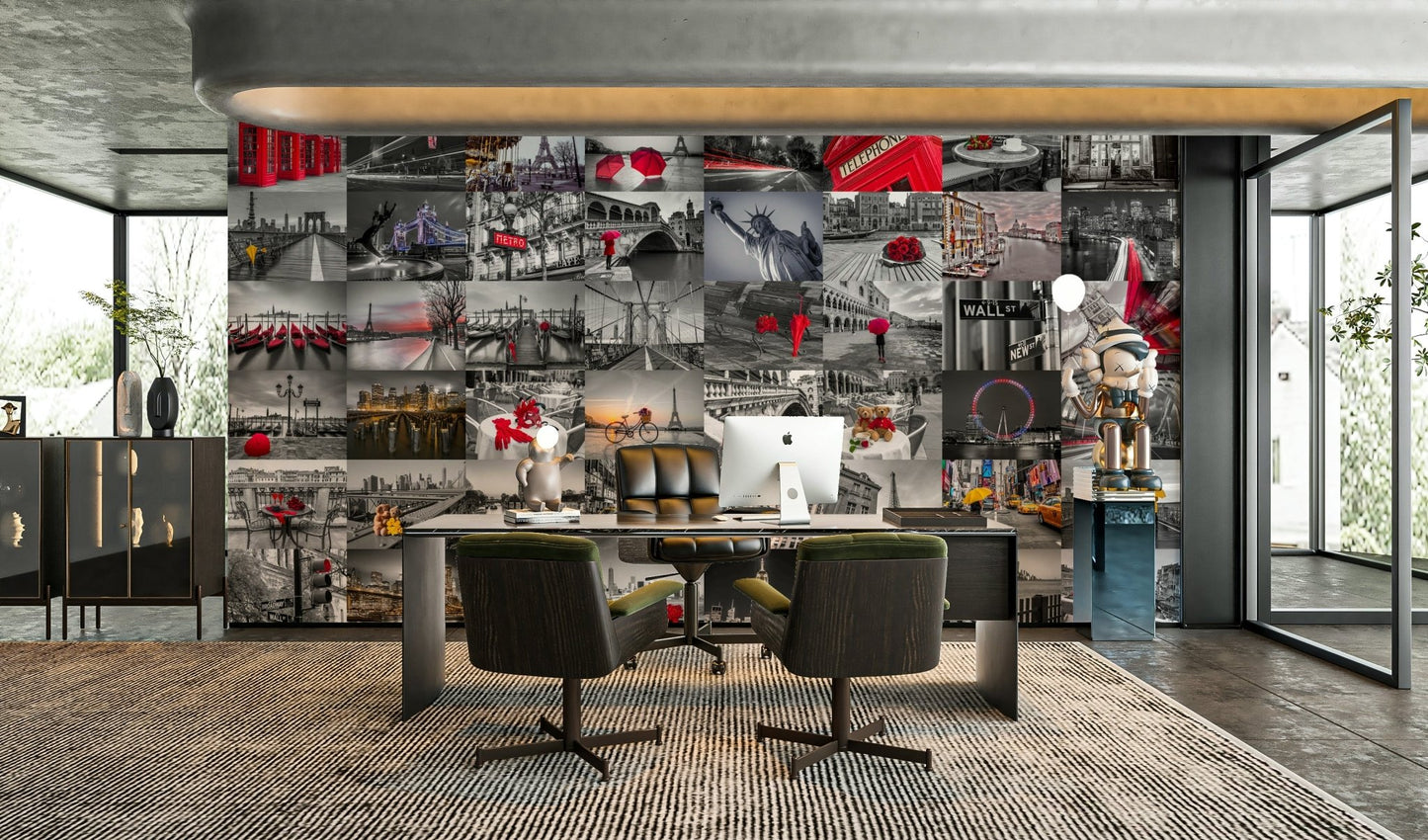 Red umbrella and yellow taxi in cityscape mural design

