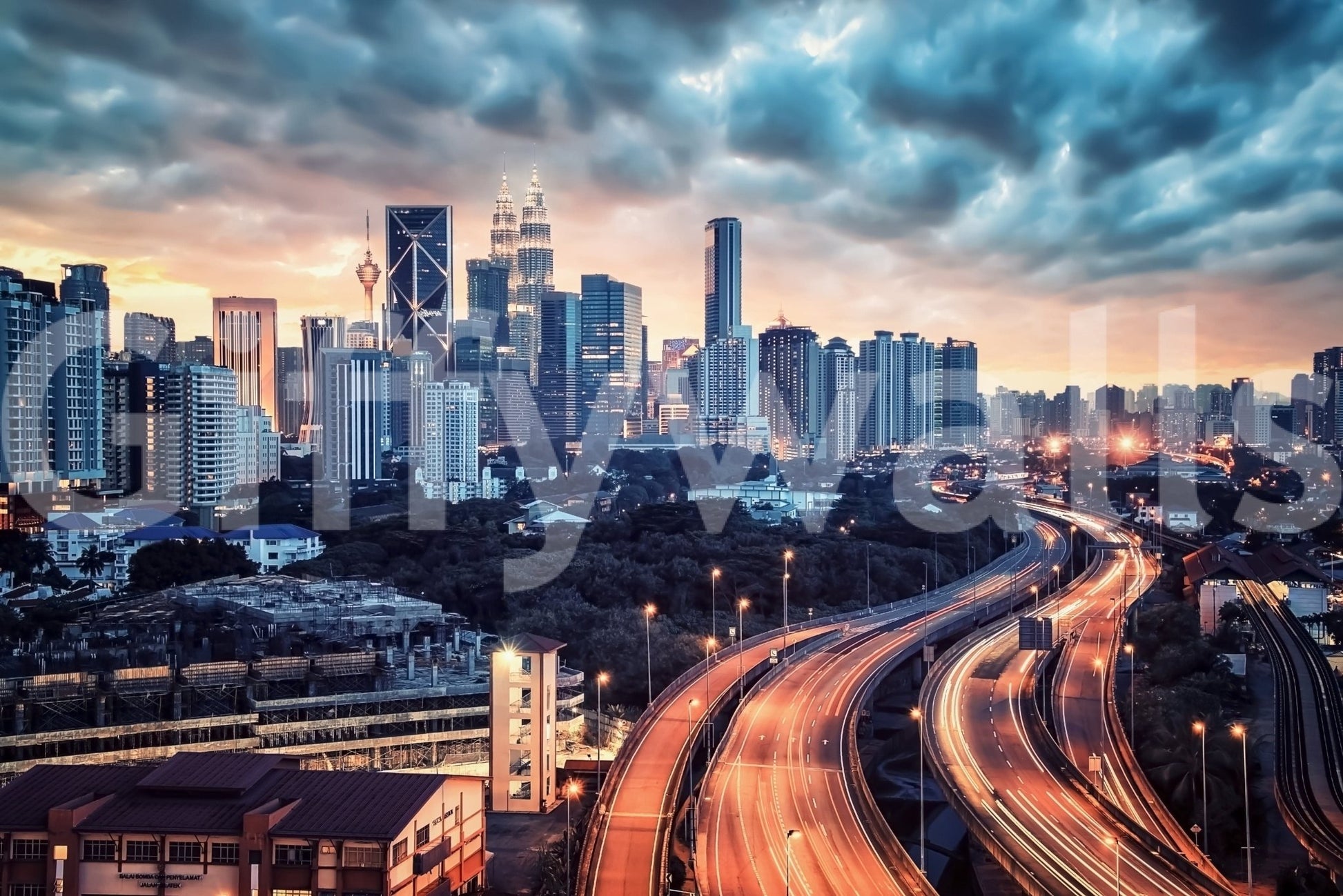 Cityscape Dawn wall mural with glowing skyline, roads, and dramatic cloud cover