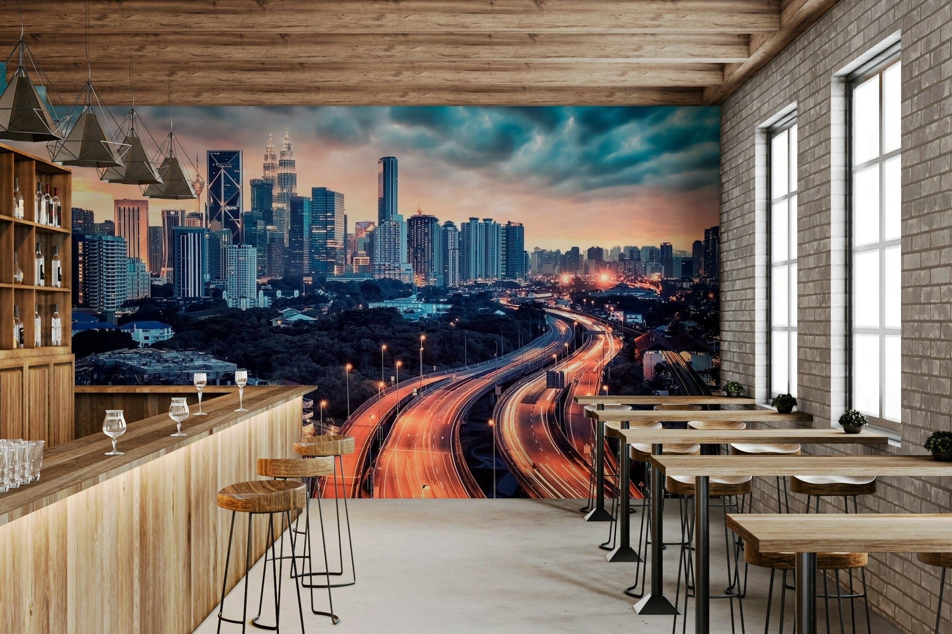 In the Cafe dining space, Cityscape Dawn Wall Mural adds depth with glowing road lines