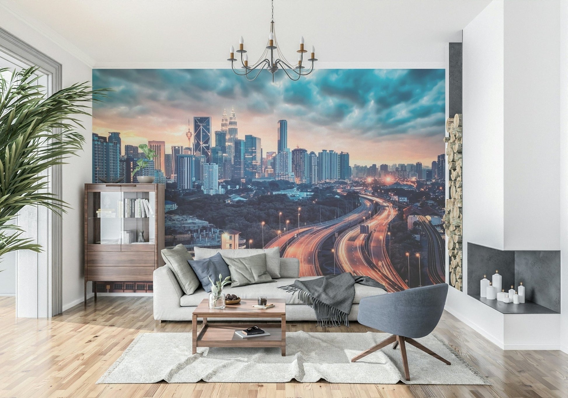 A soft lounge setting feels bolder with Cityscape Dawn Wall Mural across the wall