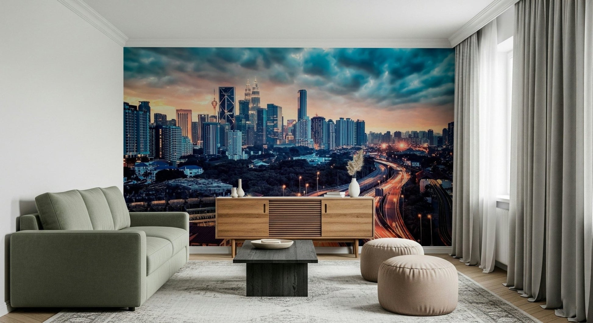 Cityscape Dawn Wall Mural brings urban energy into this wide modern sitting area