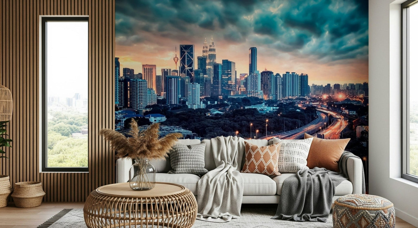 Cityscape Dawn Wall Mural gives the Living room a vivid skyline and moody cloud cover