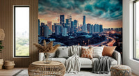 Cityscape Dawn Wall Mural gives the Living room a vivid skyline and moody cloud cover