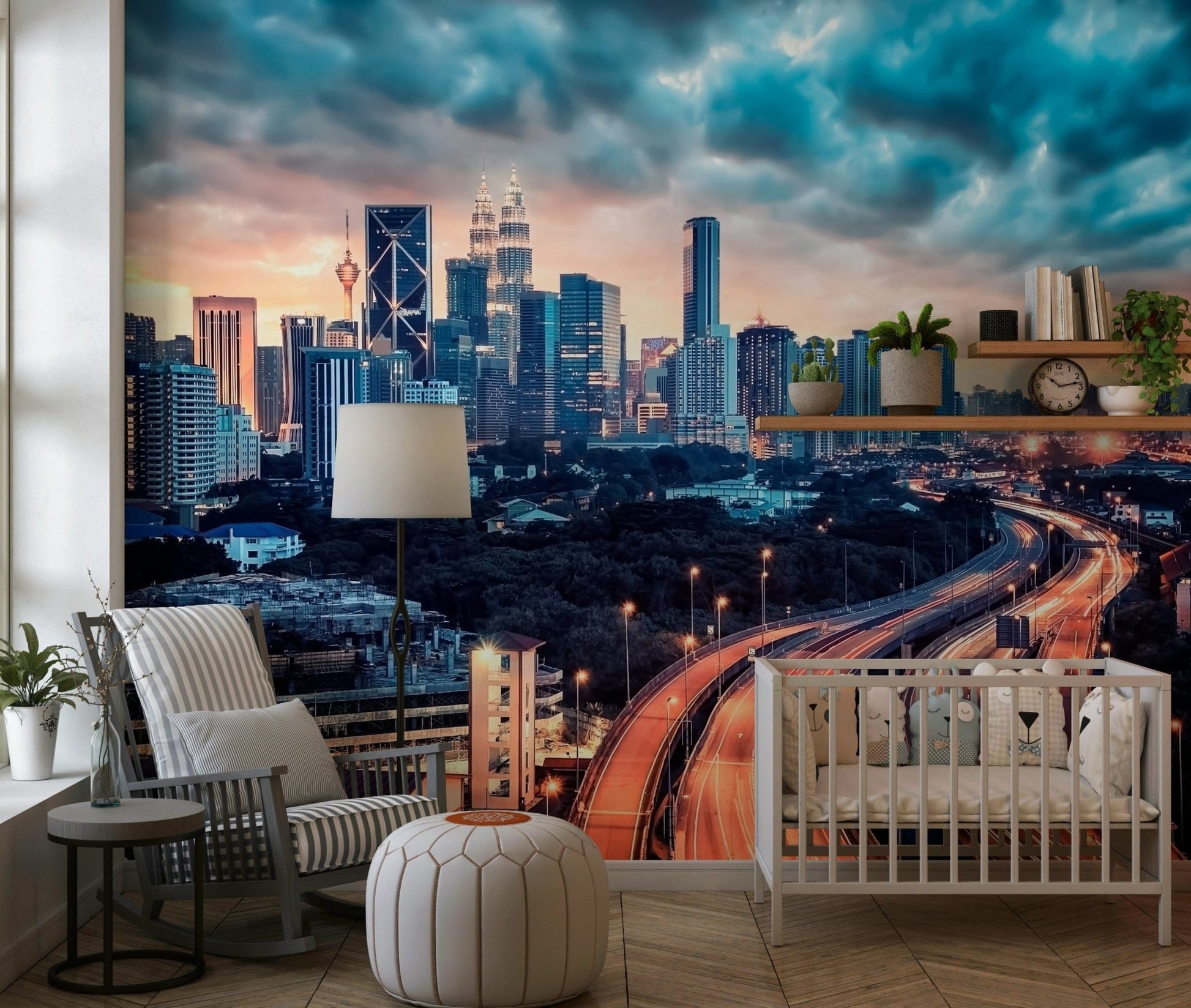This nursery gains a striking city backdrop from Cityscape Dawn Wall Mural