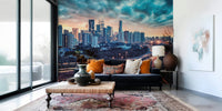 A large open room feels sharper with Cityscape Dawn Wall Mural and sweeping lights