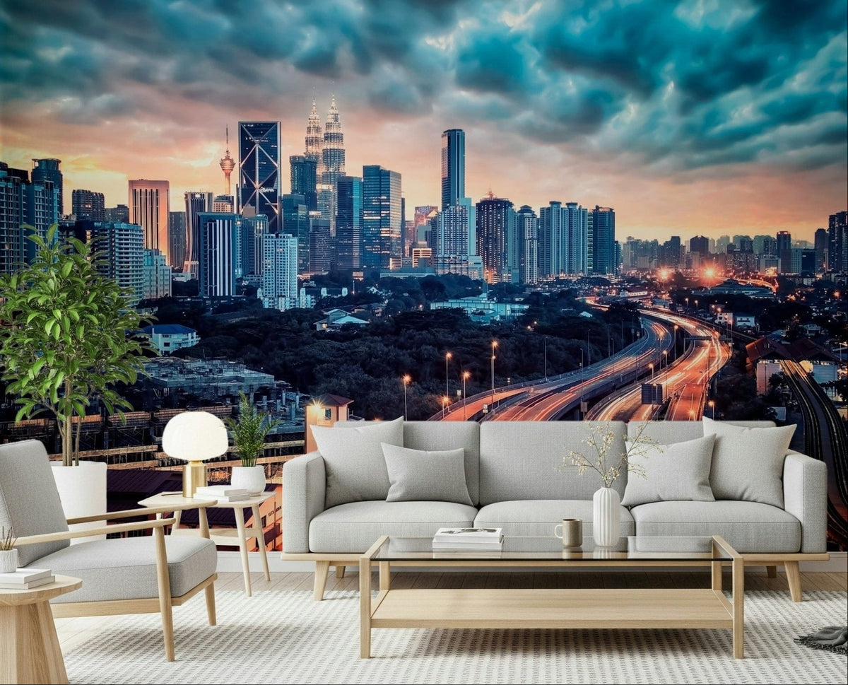 Cityscape Dawn Wall Mural anchors this bright living room with a dramatic skyline view, GD7924