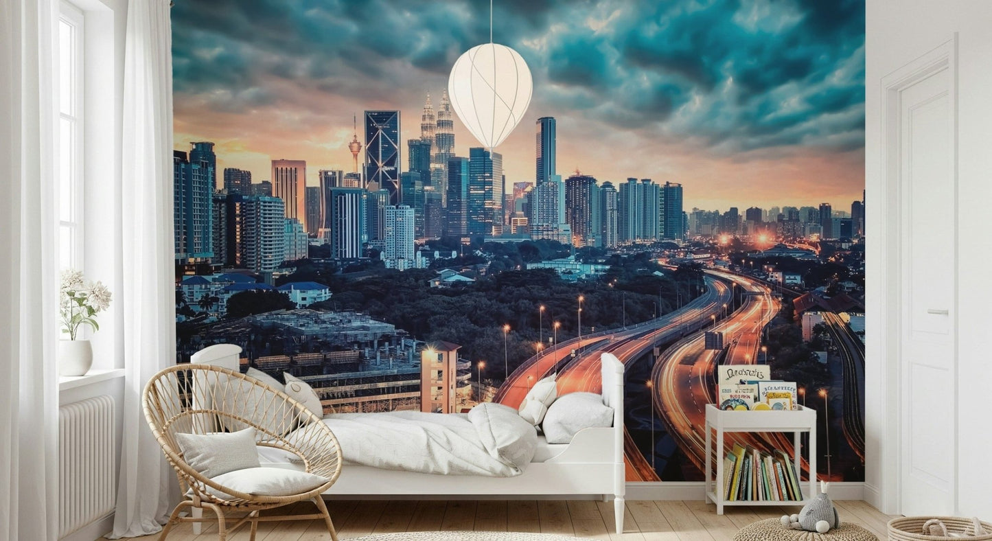 Framed beside a bright window, Cityscape Dawn Wall Mural brings city depth indoors