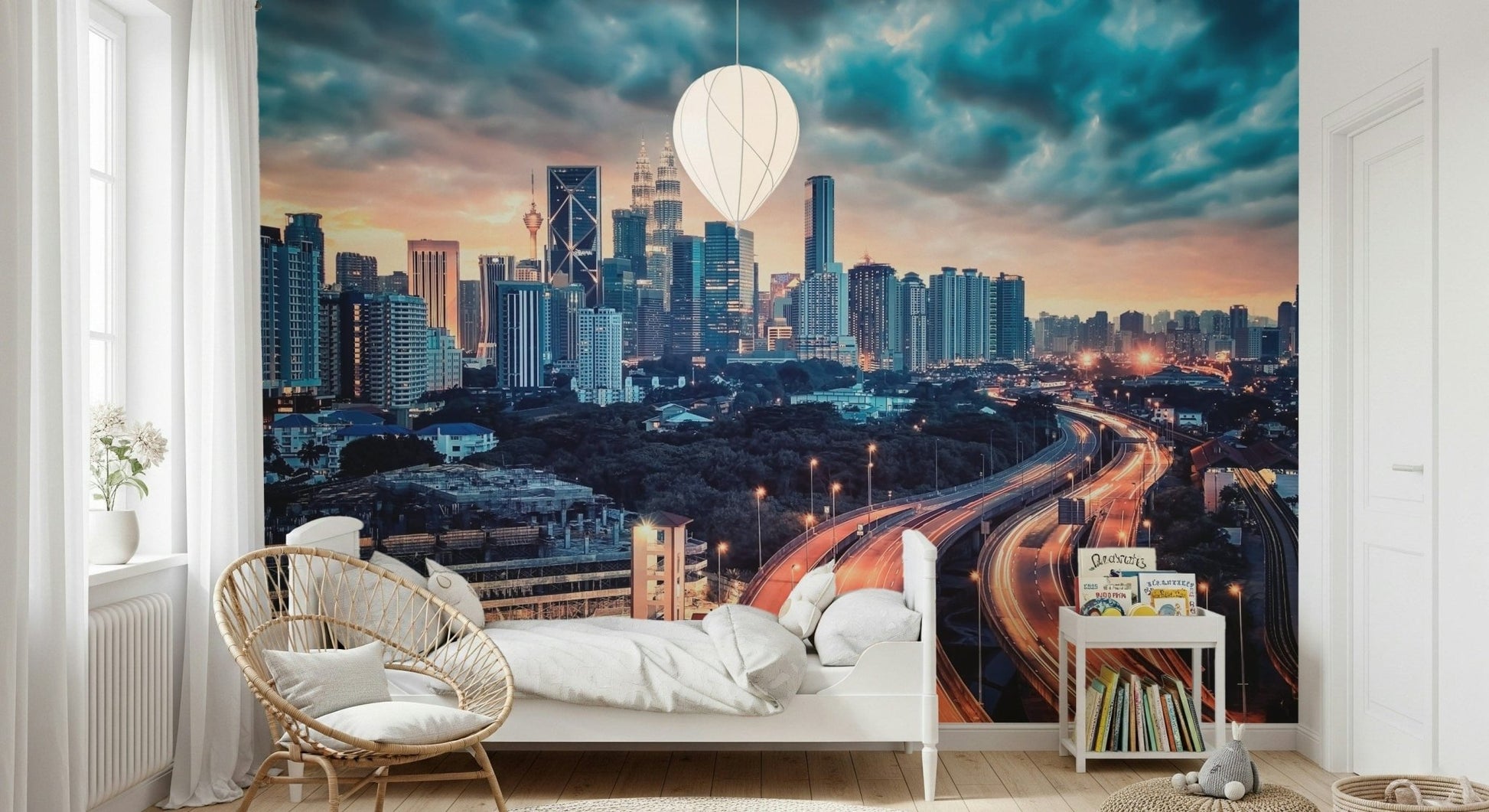 Framed beside a bright window, Cityscape Dawn Wall Mural brings city depth indoors