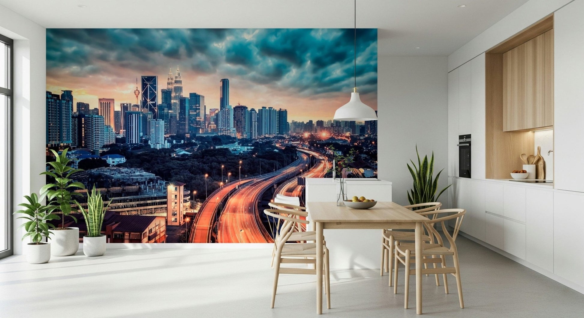 Cityscape Dawn Wall Mural adds a polished skyline feature to this clean dining corner
