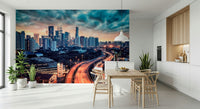Cityscape Dawn Wall Mural adds a polished skyline feature to this clean dining corner
