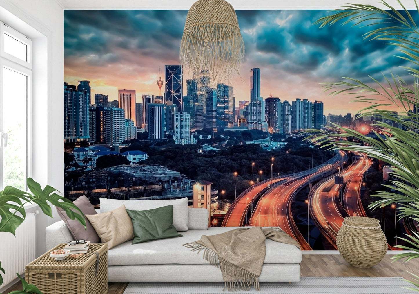 Tropical styling meets urban drama in this lounge with Cityscape Dawn Wall Mural