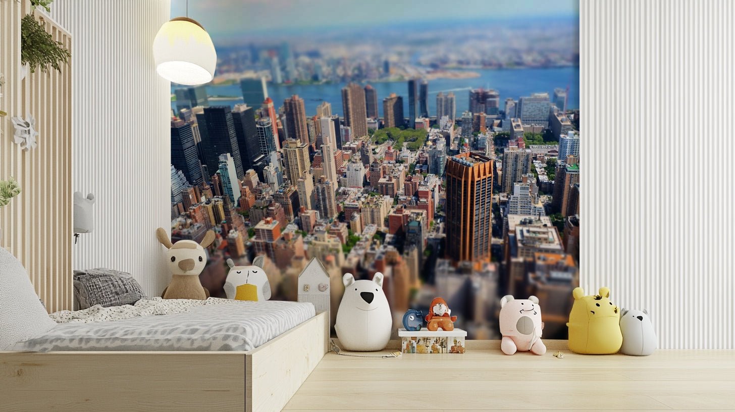 Dreamlike urban landscape mural
