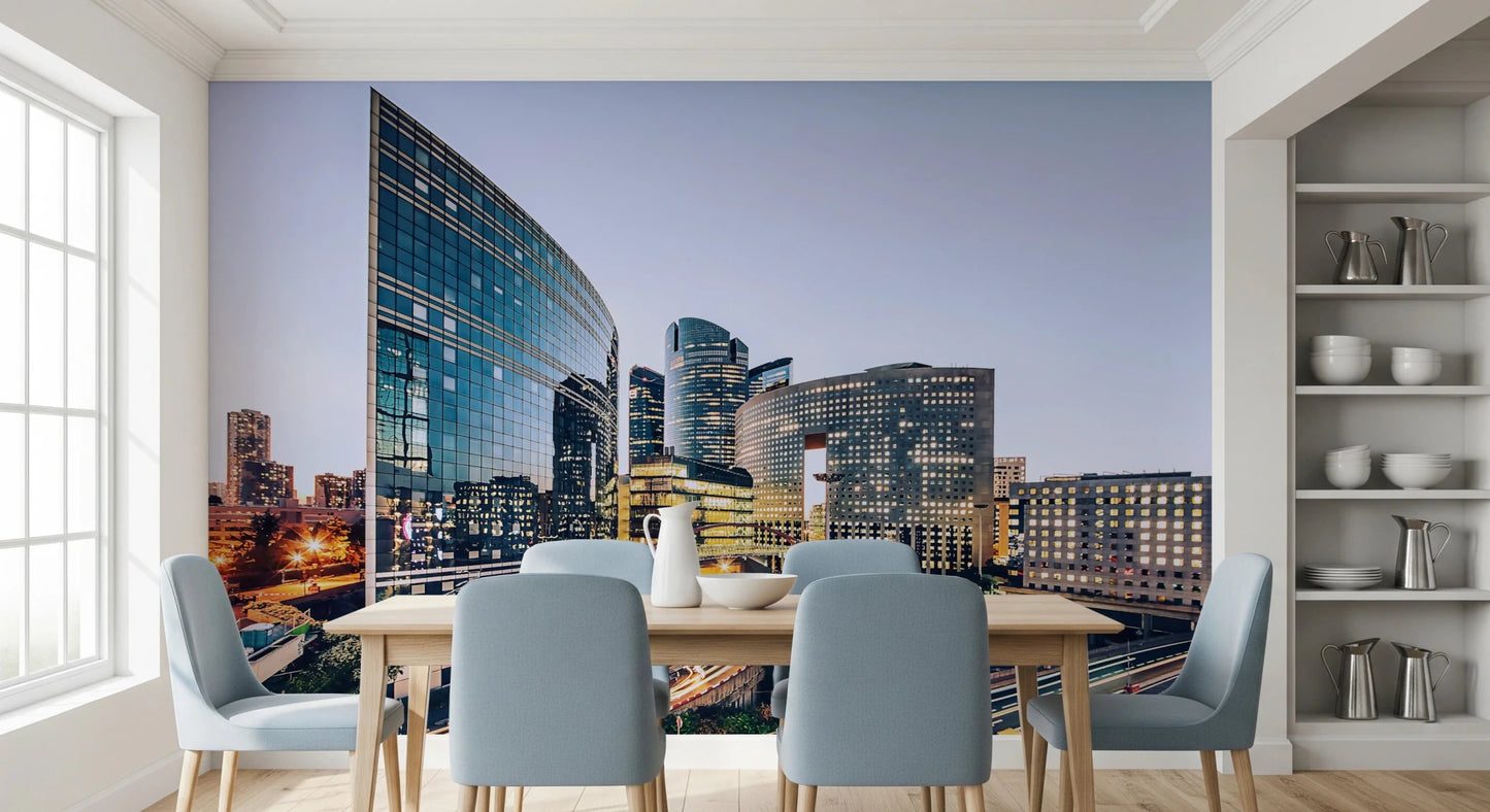 Cityscape Lights wall mural for a modern apartment bedroom with a tech theme.