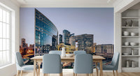 Cityscape Lights wall mural for a modern apartment bedroom with a tech theme.