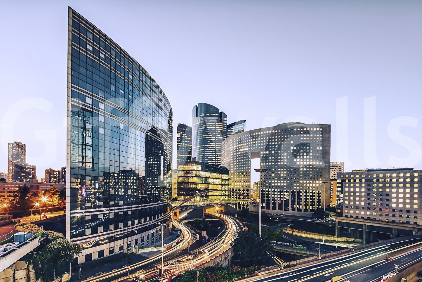 Cityscape Lights wall mural with golden hour lighting on city infrastructure.