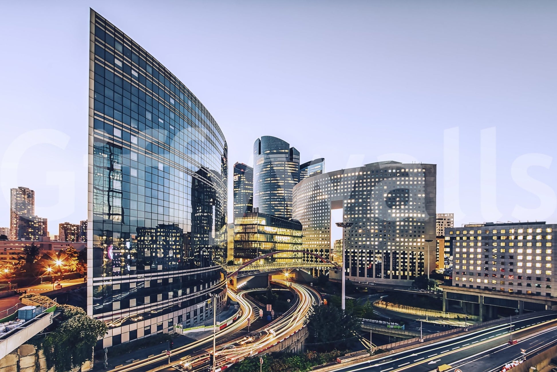 Cityscape Lights wall mural with golden hour lighting on city infrastructure.