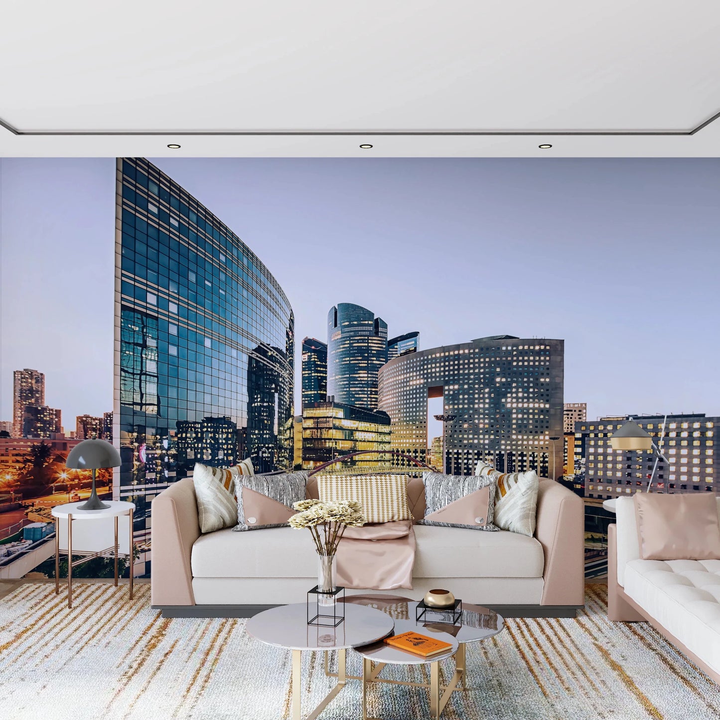 Modern glass skyscraper wallpaper with warm sunset reflections for a living room.