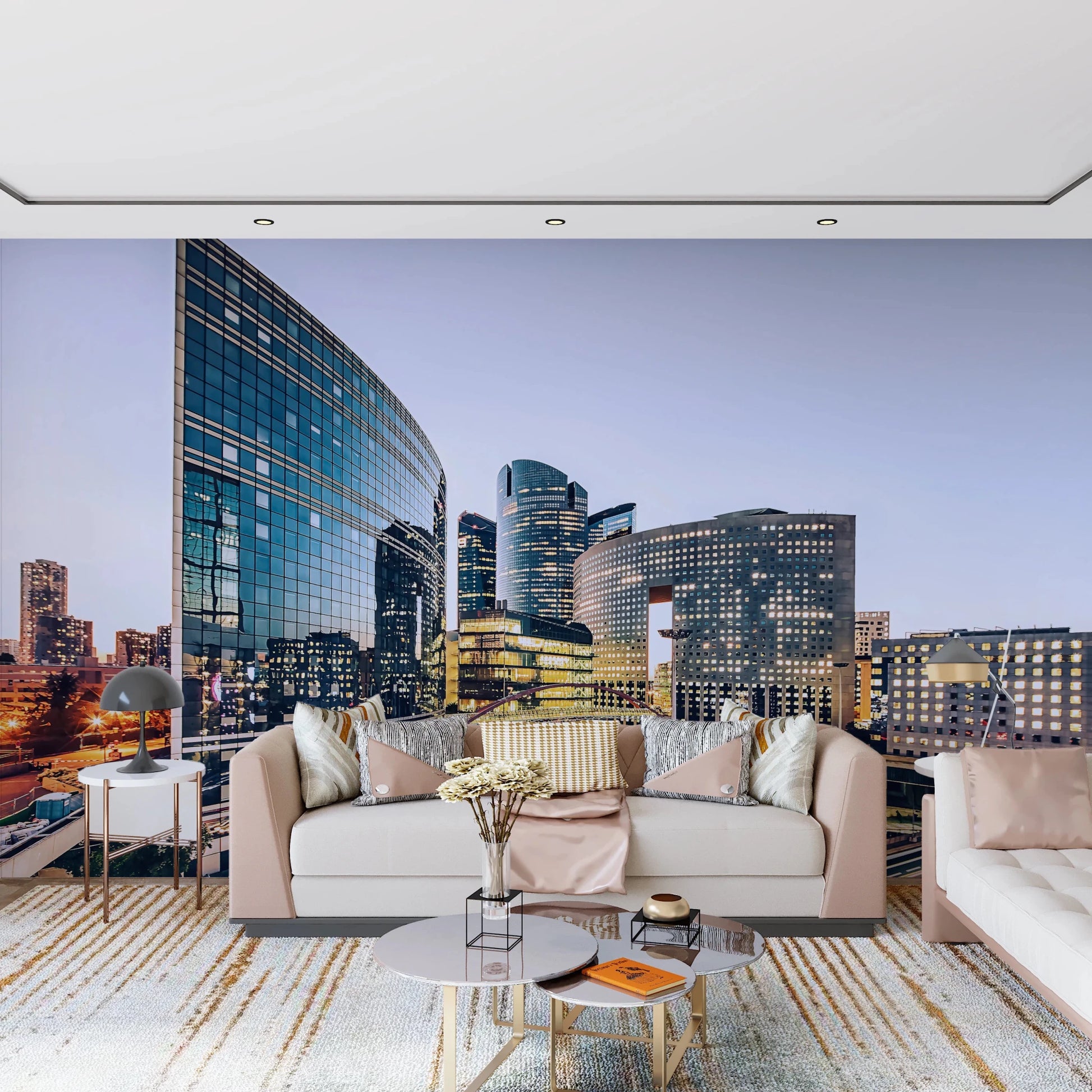 Modern glass skyscraper wallpaper with warm sunset reflections for a living room.