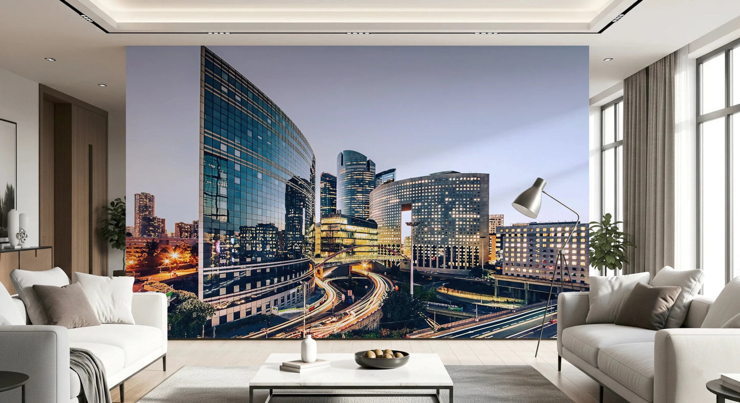 Evening cityscape wall mural with a mix of modern and brutalist architecture.