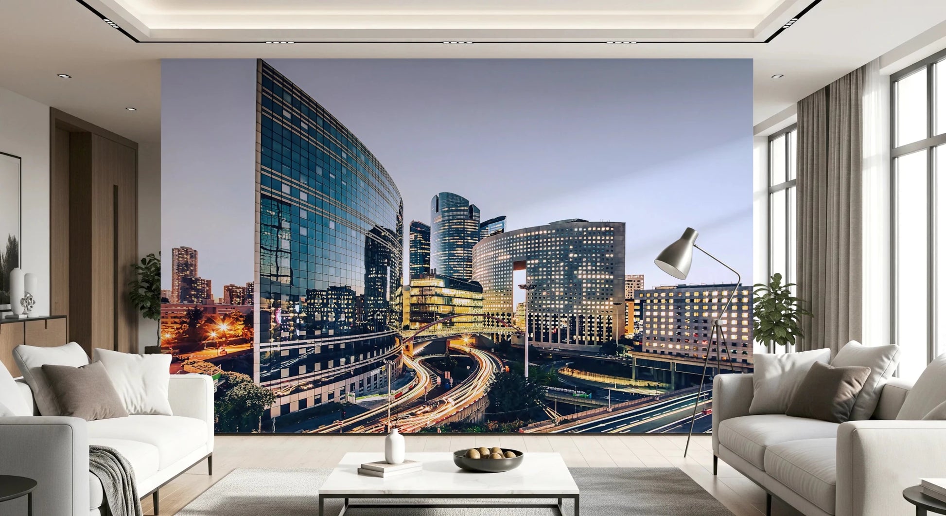 Evening cityscape wall mural with a mix of modern and brutalist architecture.