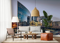 Geometric glass building wallpaper in a bustling financial district setting.