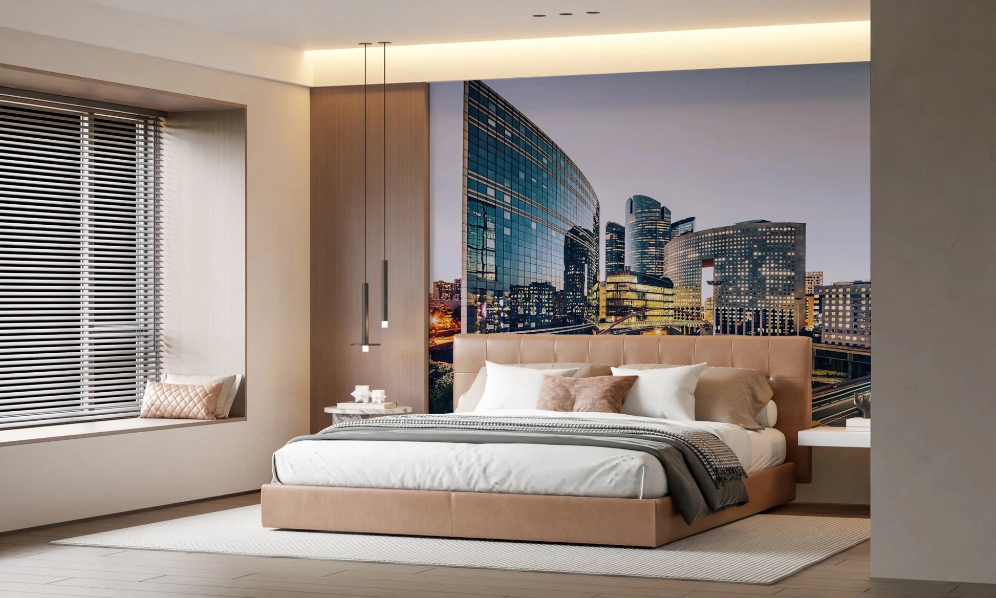 Urban architecture wall mural with a glowing city skyline for a feature wall.