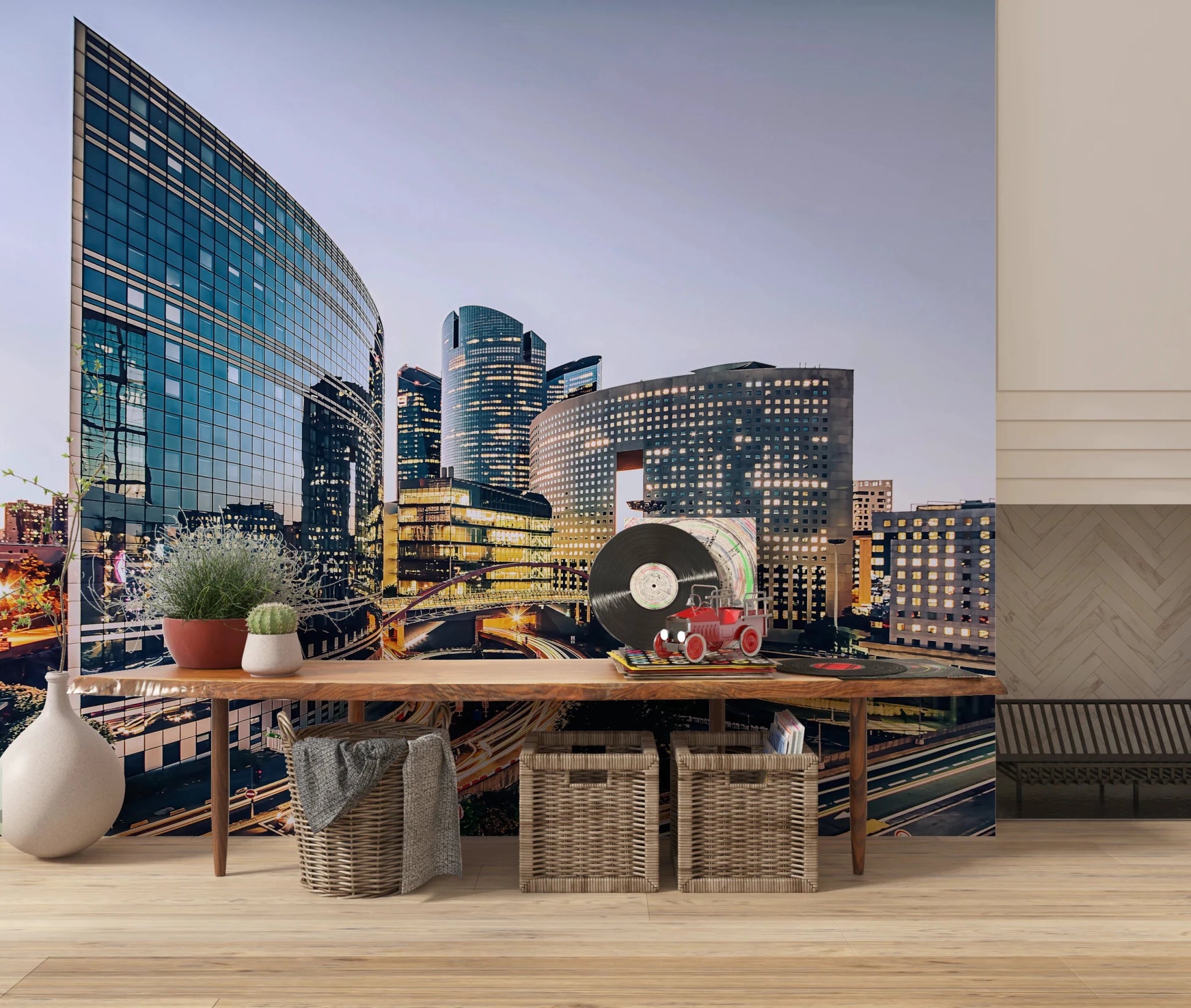 Contemporary office wallpaper featuring a curved glass building and city lights.