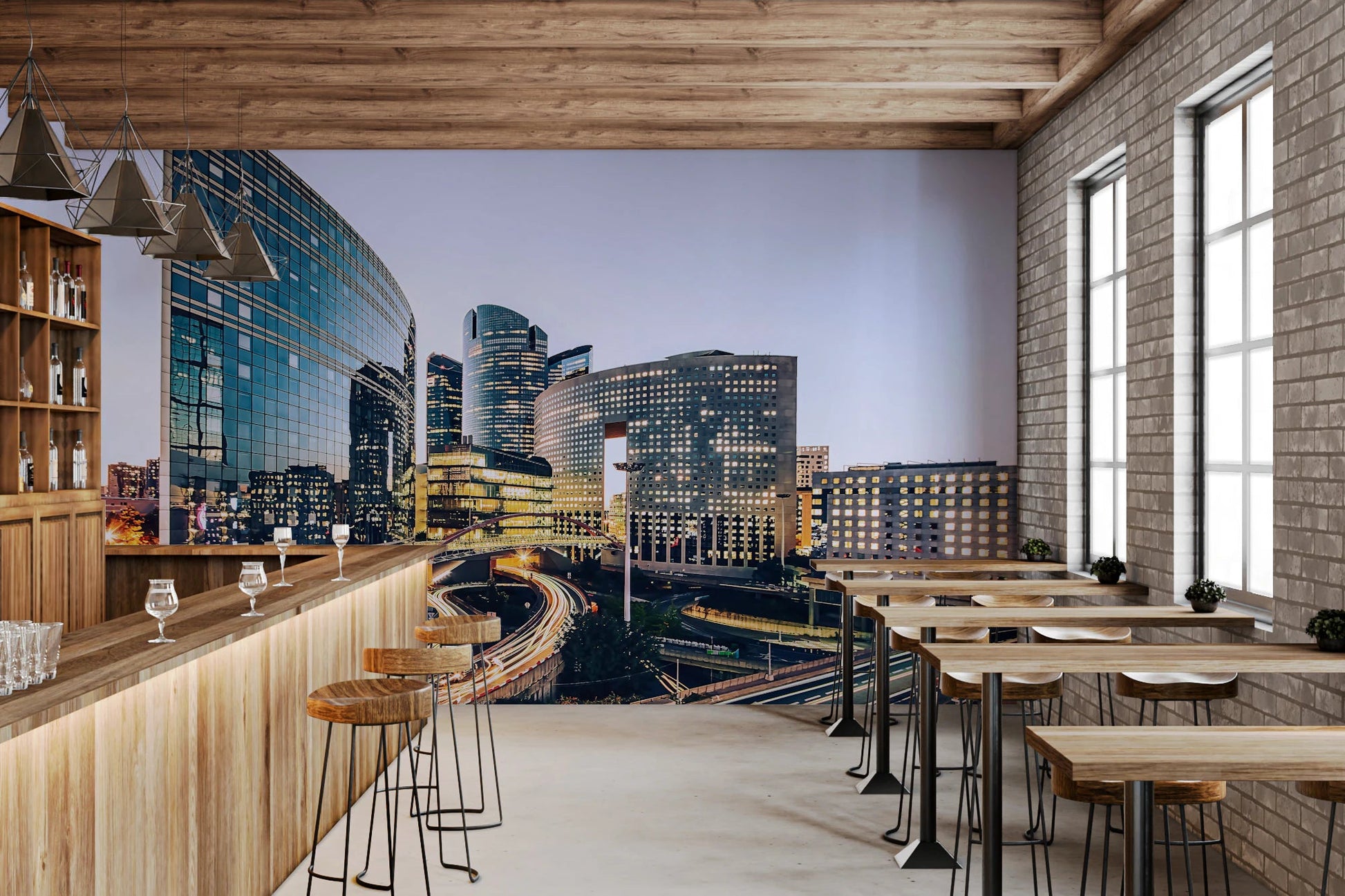 Night urban scenery wallpaper for a sophisticated lounge or reception area.