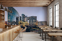 Night urban scenery wallpaper for a sophisticated lounge or reception area.
