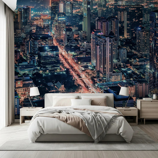 Cityscape Night Wall Mural in a modern living room with leather furniture
