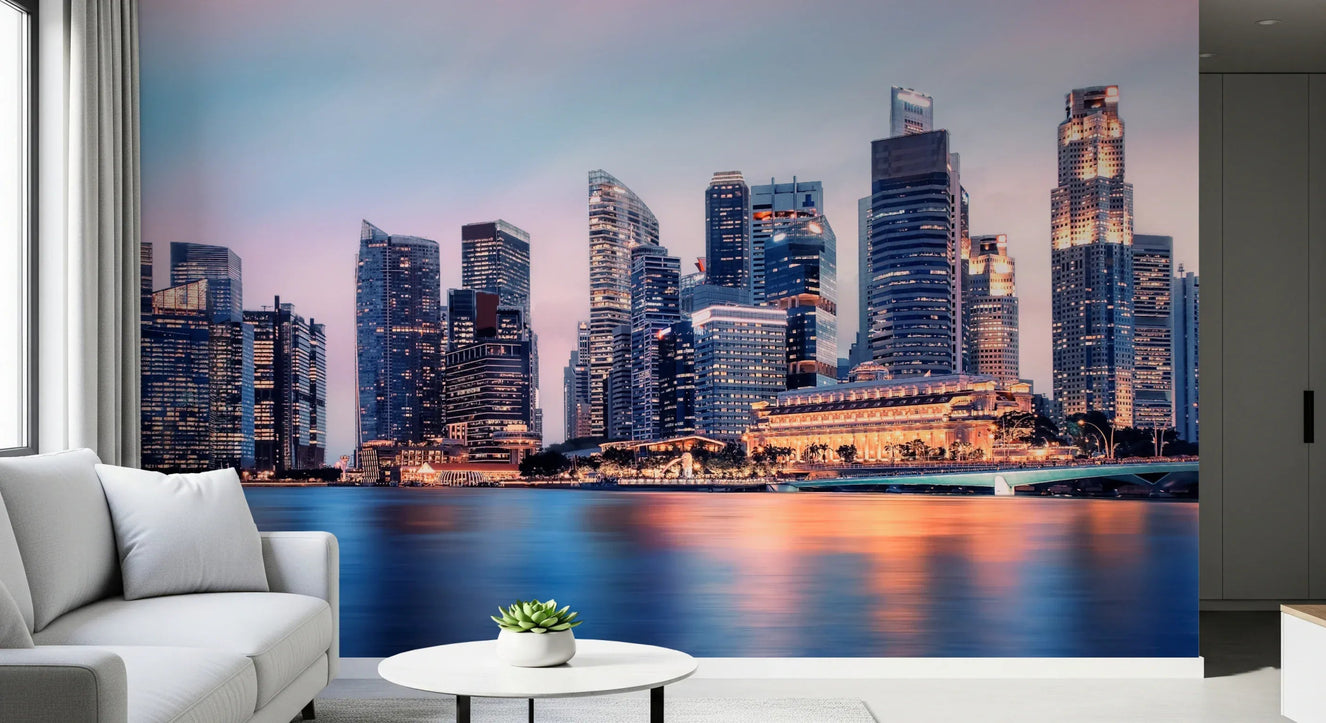 Cityscape Reflection Wall Mural with blue skyline in a modern living room wallpaper