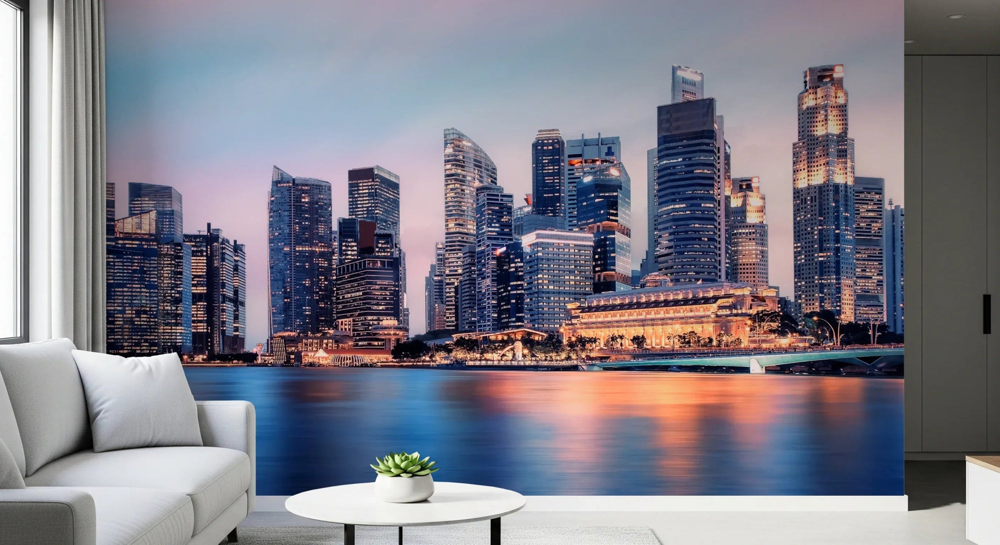 Cityscape Reflection Wall Mural with blue skyline in a modern living room wallpaper, GD8031