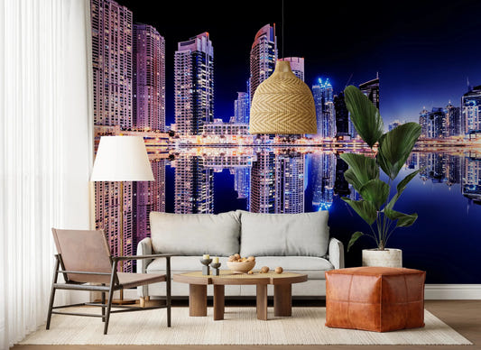 Cityscape reflections wall mural for office decor.