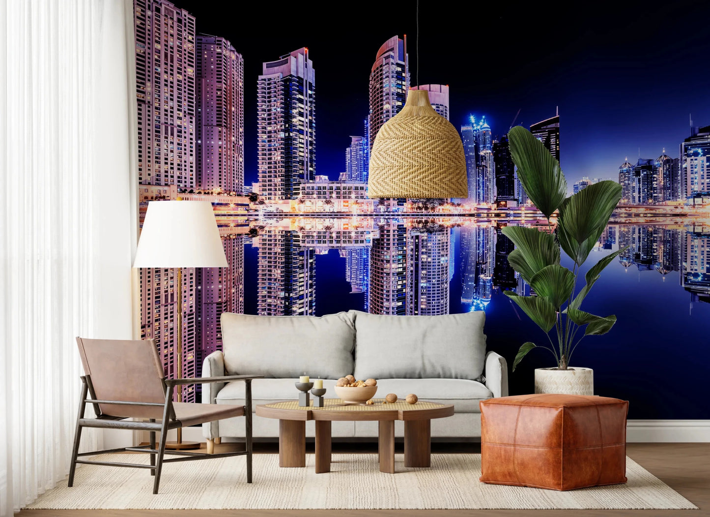 Cityscape reflections wall mural for office decor.
