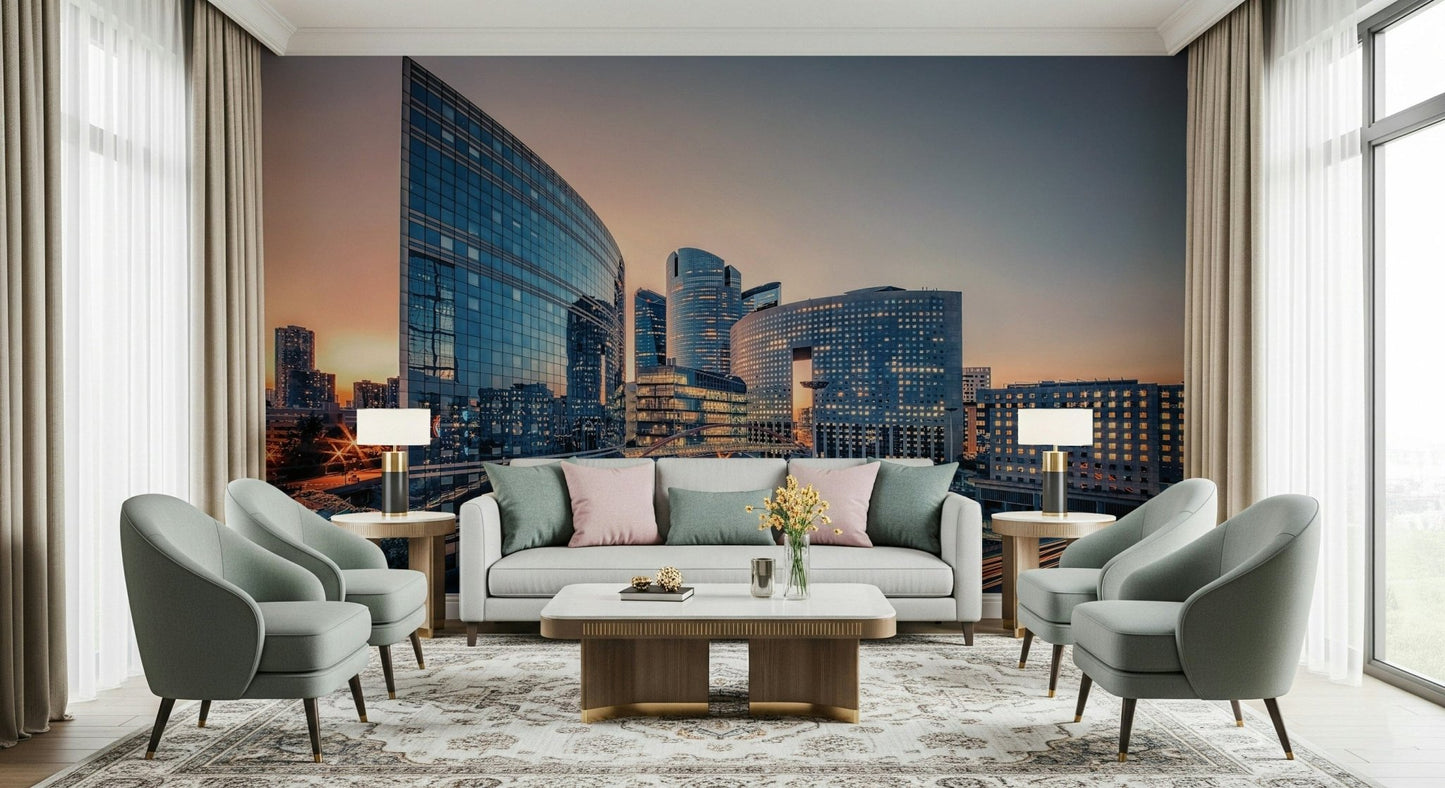 Cityscape Serenity wallpaper for a relaxing contemporary lounge area.