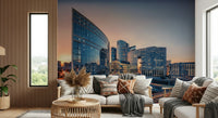 Cityscape Serenity wall mural for a modern style living room.