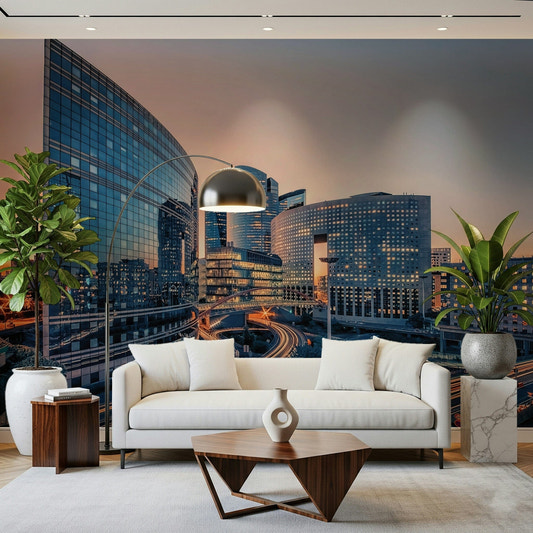 Cityscape Serenity wallpaper with neutral tones for a home office.