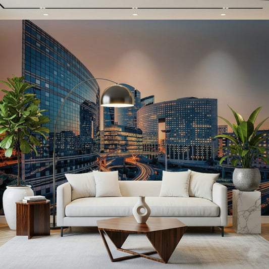 Cityscape Serenity wallpaper with neutral tones for a home office.