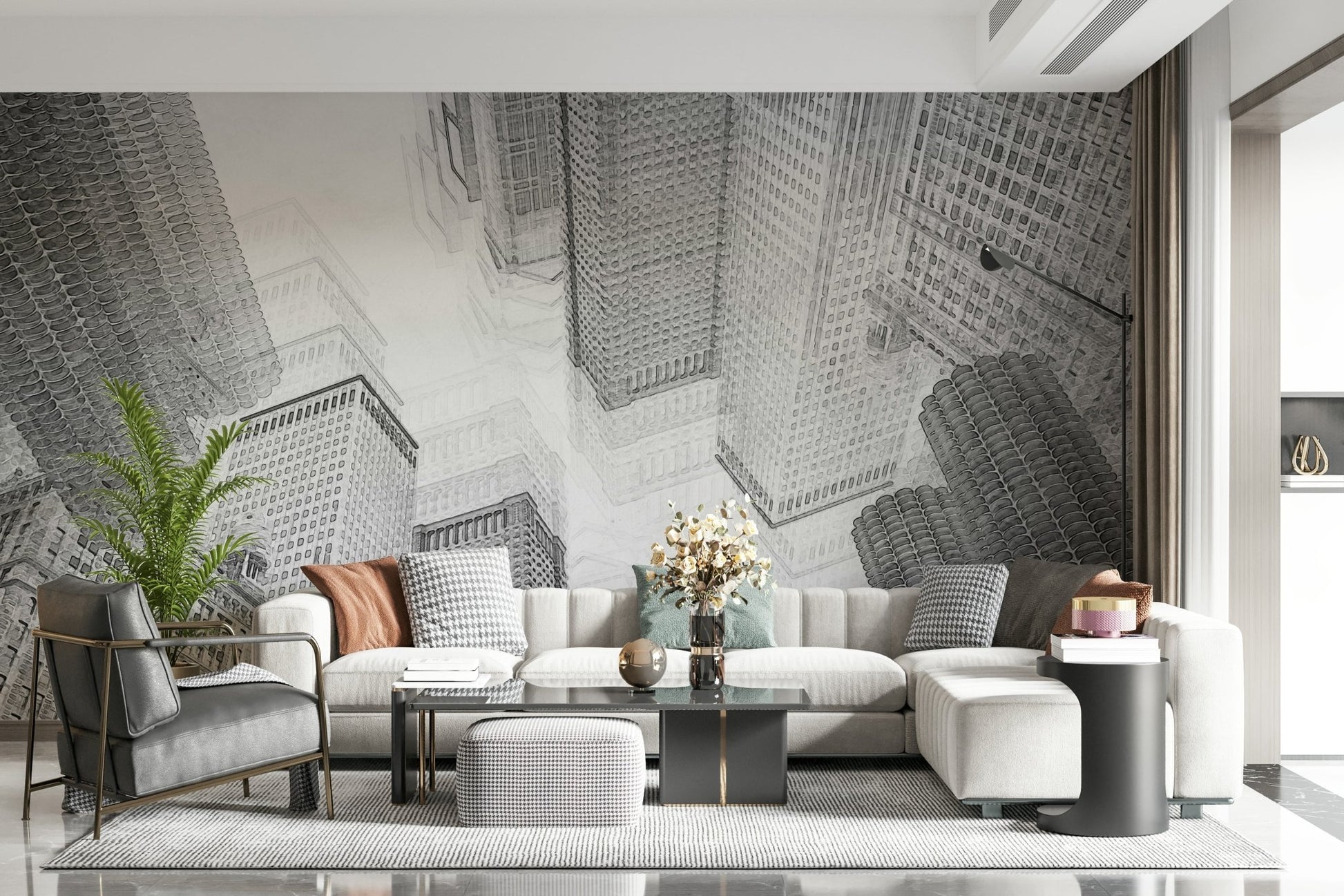 A serene abstract urban pattern wall mural for minimalist decor.