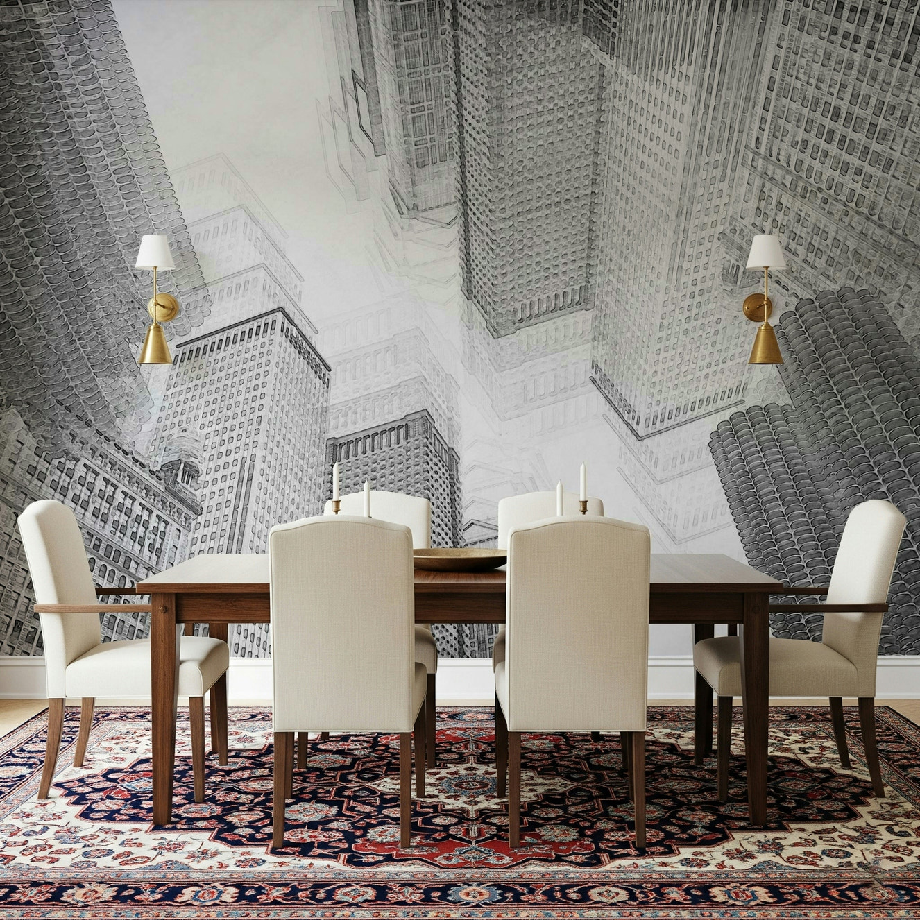 A beautiful sketch-style cityscape wallpaper mural with subtle, architectural lines.