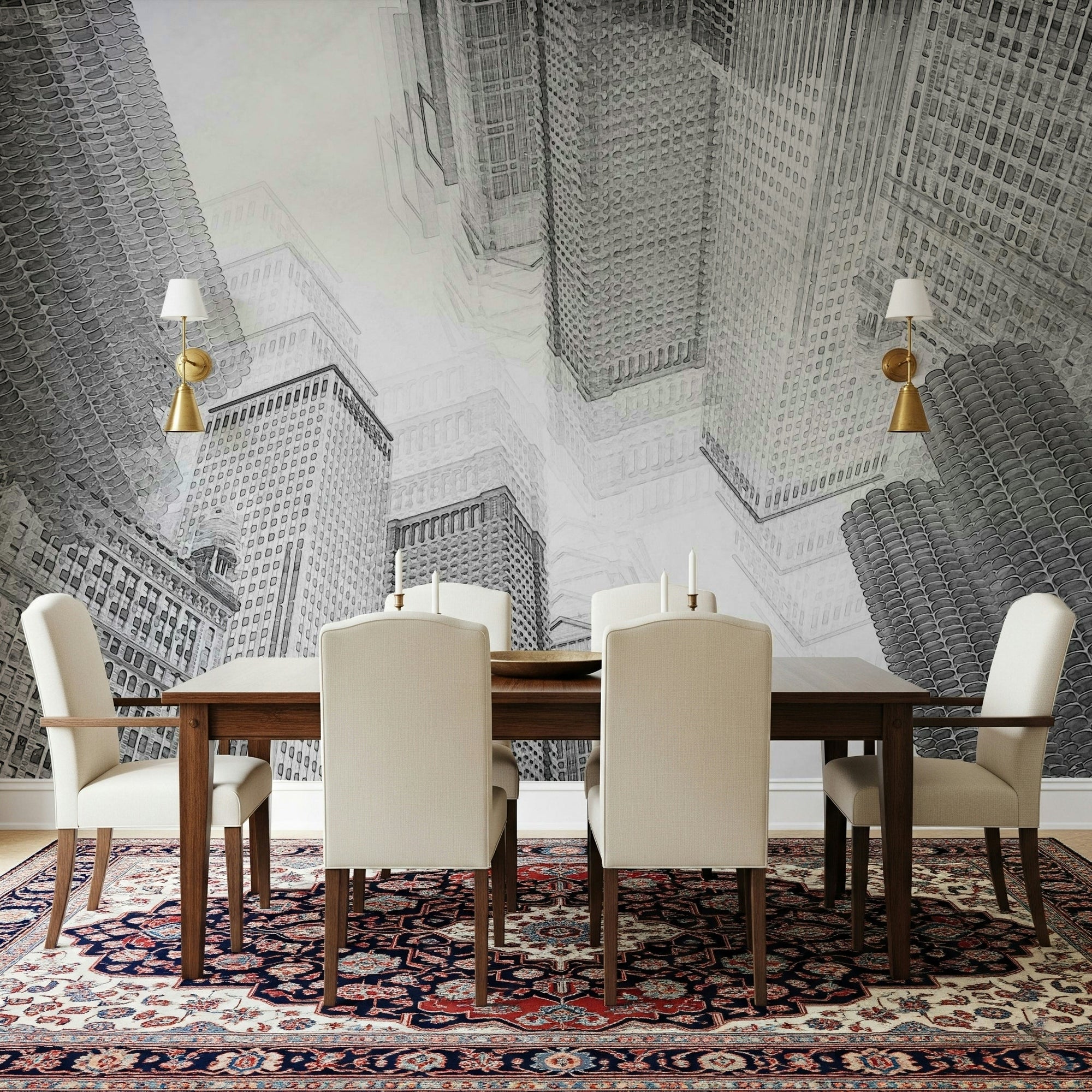 A beautiful sketch-style cityscape wallpaper mural with subtle, architectural lines., GD5930